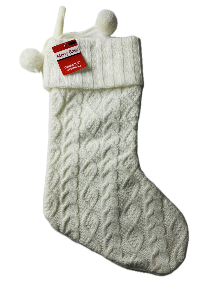 Merry Brite Christmas Stocking Cream Cable Knit Pom Poms