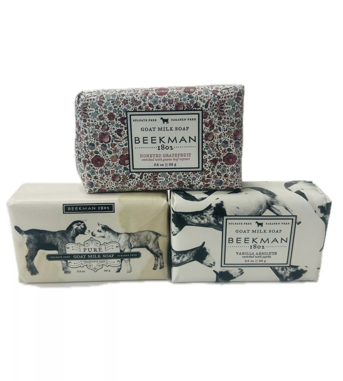 3 Beekman 1802 HONEYED GRAPEFRUIT, VANILLA ABSOLUTE and FRAGACE FREE 3.5oz.