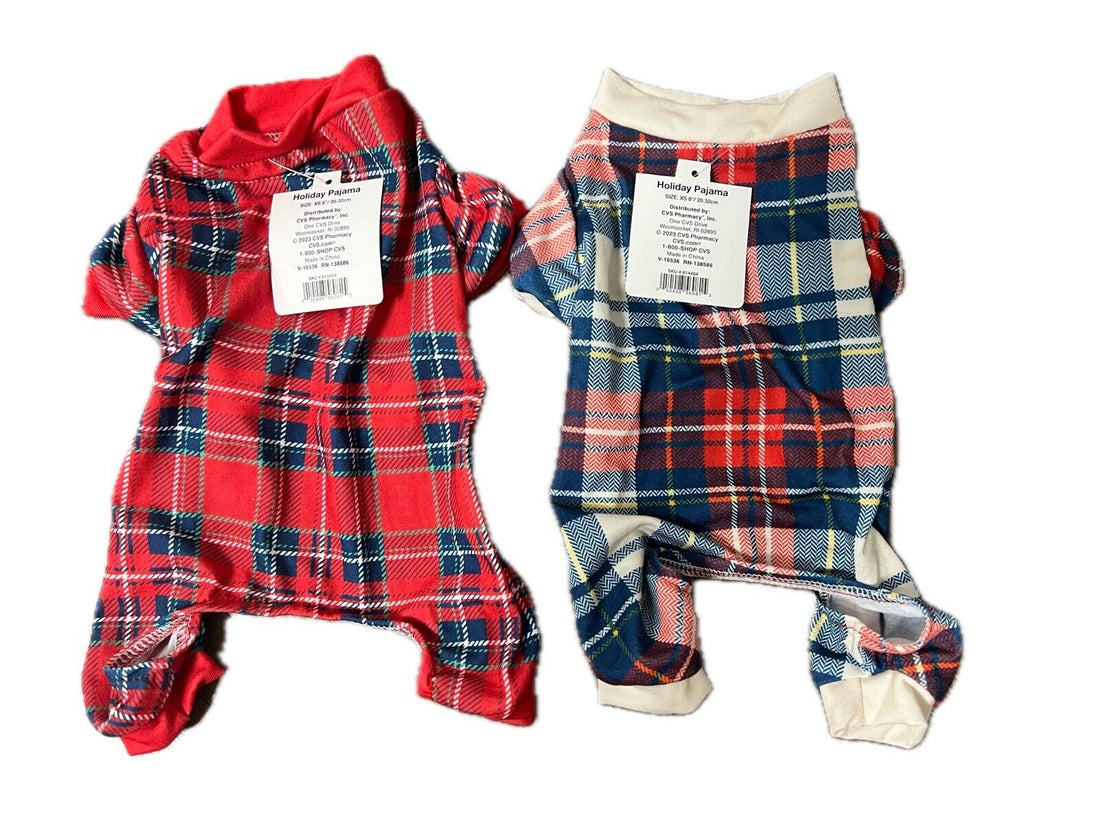 2 Pc Pet Central Dog Holiday Pajama XS 8 inch Plaid Pajamas