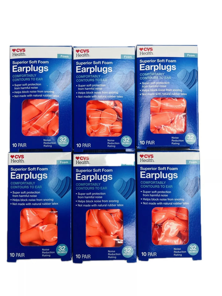 6 Boxes of 10 Pairs-Superior soft foam earplugs 32 decibel reduction rating CVS