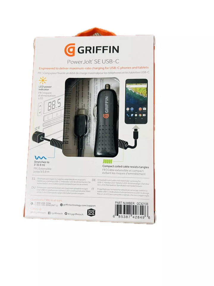 ‘ Griffin USB-C Car Charger 3A 15W Plug In 3' Coiled Cable