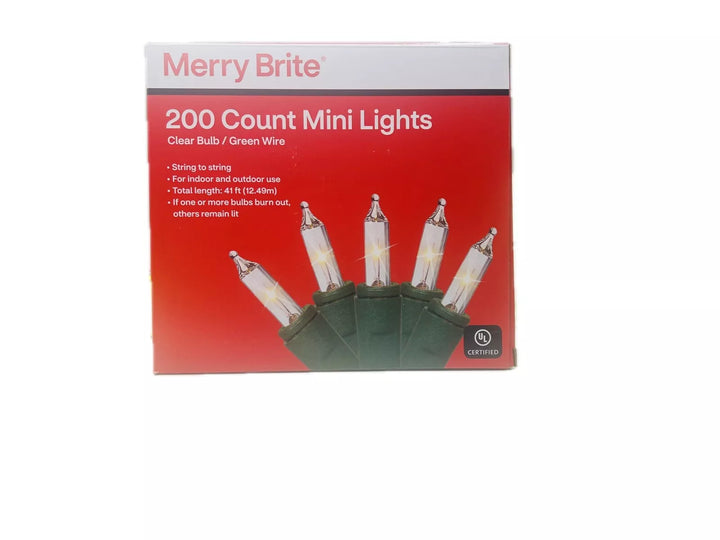 41ft Merry Brite 200 Count Mini Clear Lights on Green Wire Christmas New